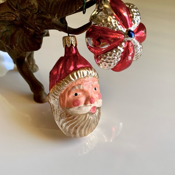 Two Vintage Mercury Glass Ornaments from Columbia- Santa Head & Poinsettia - Picture 2 of 12